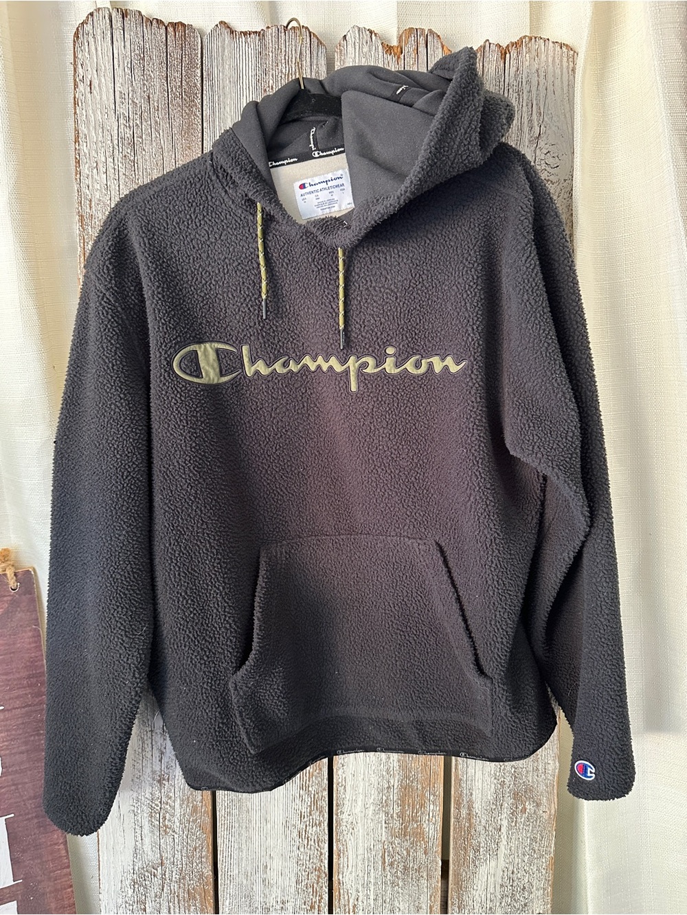 Champion Black Sherpa Fleece Pullover Hoodie with Olive Logo